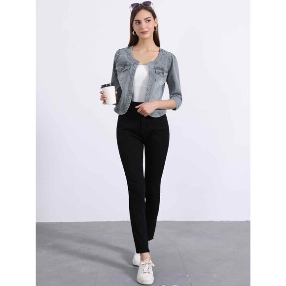 Women's Jean Jacket Slim Fit Casual Denim Jacket 3/4 Sleeves Outwear Gray - Picture 3 of 5